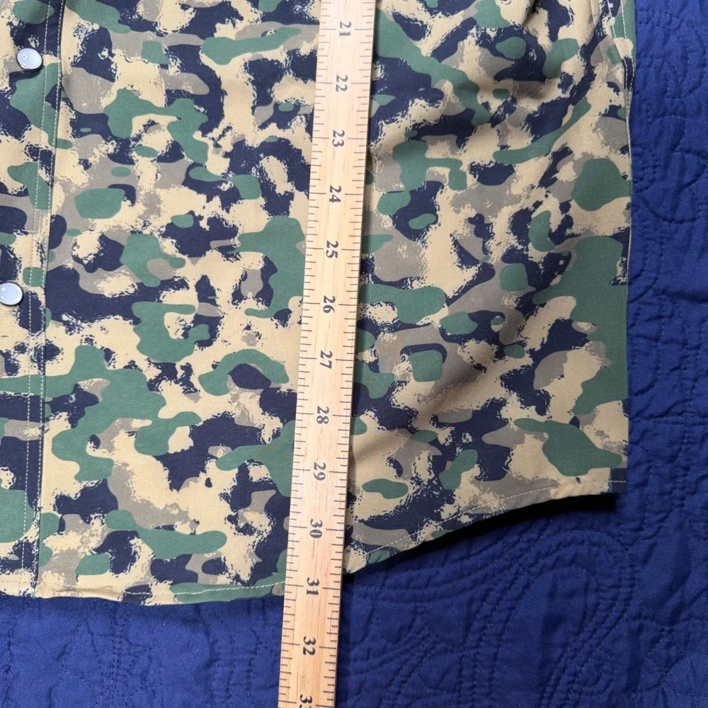 Ferrell Mens Camo Western Pearl Snap Shirt Green Tan Short Sleeve Stretch Large